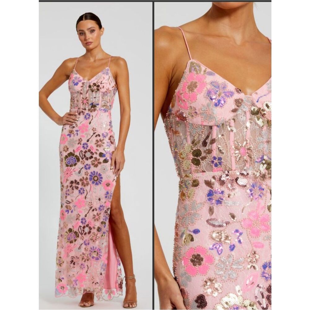 NWT MAC Duggal Pink Floral Spaghetti Strap Sequin Gown Size 8